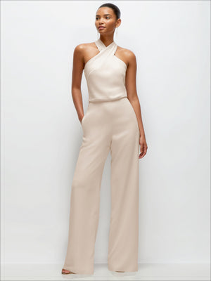Ivory halter crepe wedding jumpsuit with wide legs and blouson sleeveless bodice