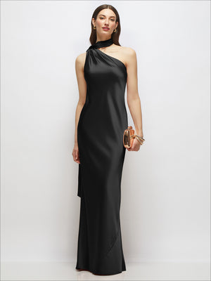 Black satin one-shoulder maxi dress with draped diagonal strap and cowl neck