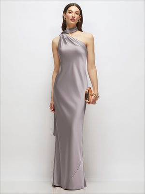 Draped Scarf One-Shoulder Bias Stretch Satin Maxi Dress
