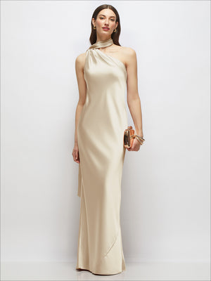 Ivory draped one-shoulder satin maxi dress with side sash detail
