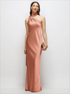 Blush nude one-shoulder draped satin maxi dress with bias-cut drape