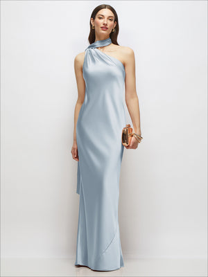 Draped Scarf One-Shoulder Bias Stretch Satin Maxi Dress