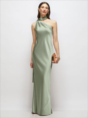 One-shoulder satin maxi dress in sage green, draped scarf detail, sleeveless