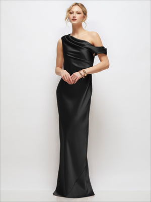 Black satin maxi dress with draped one-shoulder fold and bias-cut flowing skirt