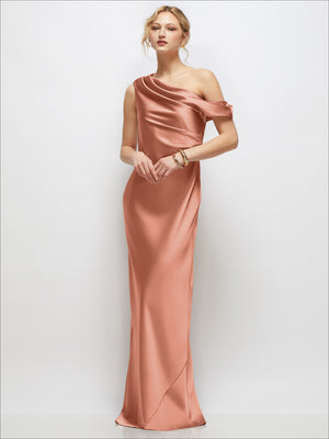 Draped one-shoulder bias satin maxi dress in espresso-brown, side drape detail