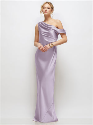 One-shoulder satin maxi dress in lilac, draped cowl neckline and bias drape skirt