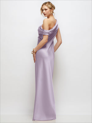 One-shoulder satin maxi dress in lilac, draped diagonal shoulder wrap and side-slit hem