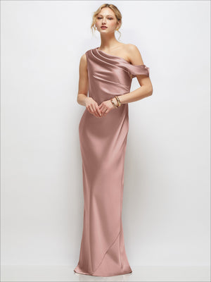 Ballet pink satin maxi dress with draped one-shoulder neckline and bias stretch fit