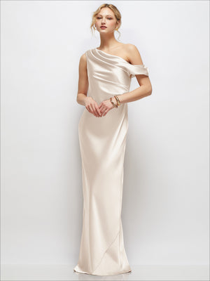 Champagne satin maxi dress, draped one-shoulder bias stretch style with wrap neckline