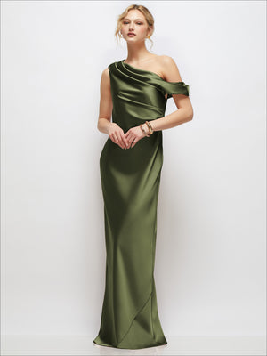 One-shoulder draped bias satin maxi dress in dark olive green, sleeveless, side slit