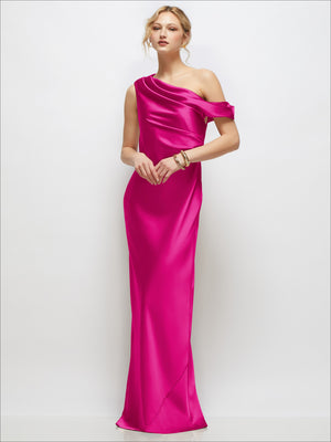 One-shoulder draped bias satin maxi dress in bright fuchsia, sleeveless, side slit