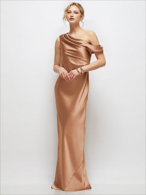 Cognac one-shoulder satin maxi dress with draped shoulder and side seam slit