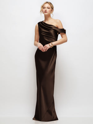 One-shoulder satin maxi dress in dark espresso, draped shoulder and smooth column fit