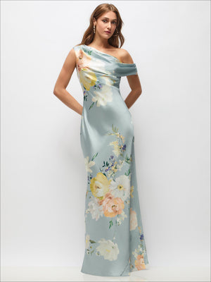 Mist blue one-shoulder draped maxi dress with painterly floral print