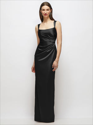 Scoop neck satin maxi dress with draped bodice, spaghetti straps, column silhouette in black