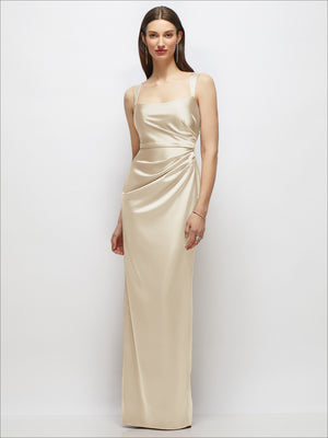 Scoop-neck draped satin maxi dress with spaghetti straps and side slit, champagne beige