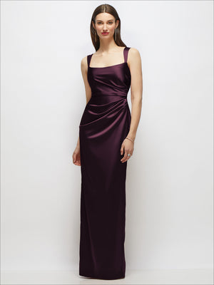 Plum satin maxi dress with scoop neckline, sleeveless draped bodice and column silhouette