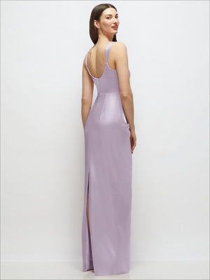 Lavender satin maxi dress, sleeveless draped column fit, side slit