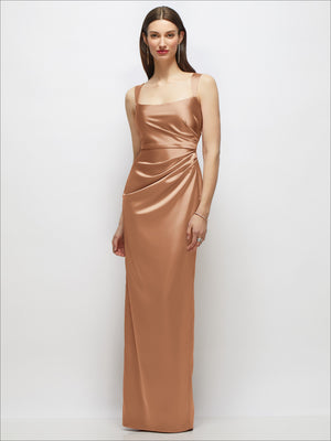 Scoop-neck draped satin maxi dress with spaghetti straps and side slit, copper brown