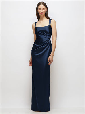Satin maxi dress in dark navy with scoop neckline, sleeveless draped bodice