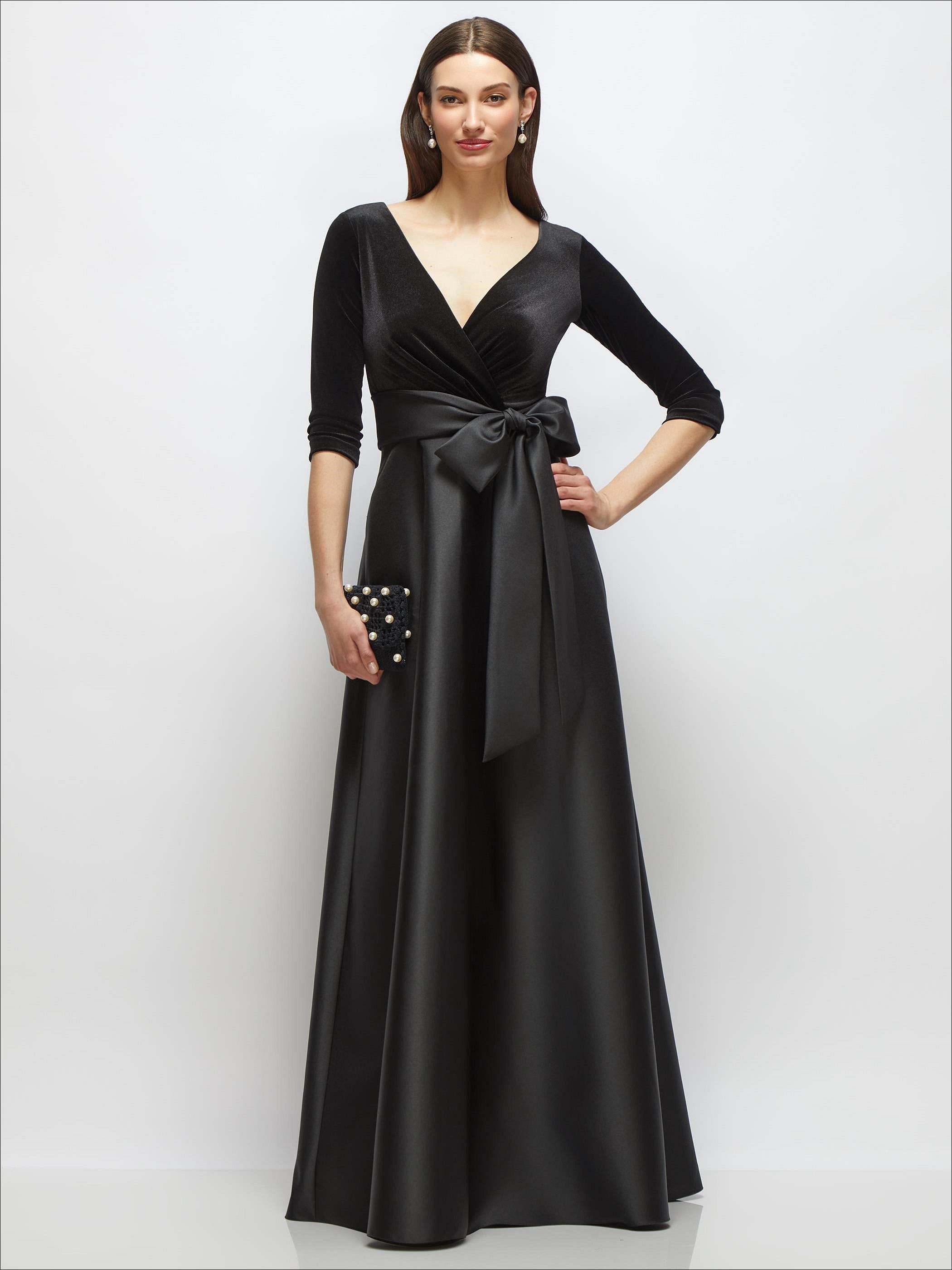 black dress wrap 3/4 Sleeve Bodice Full Skirt Velvet and Satin with Sa neck wrap neckline Size:size 6 wrap dress SubCat:Halterneck-Dress ZAPAKA Women Pearl Floral