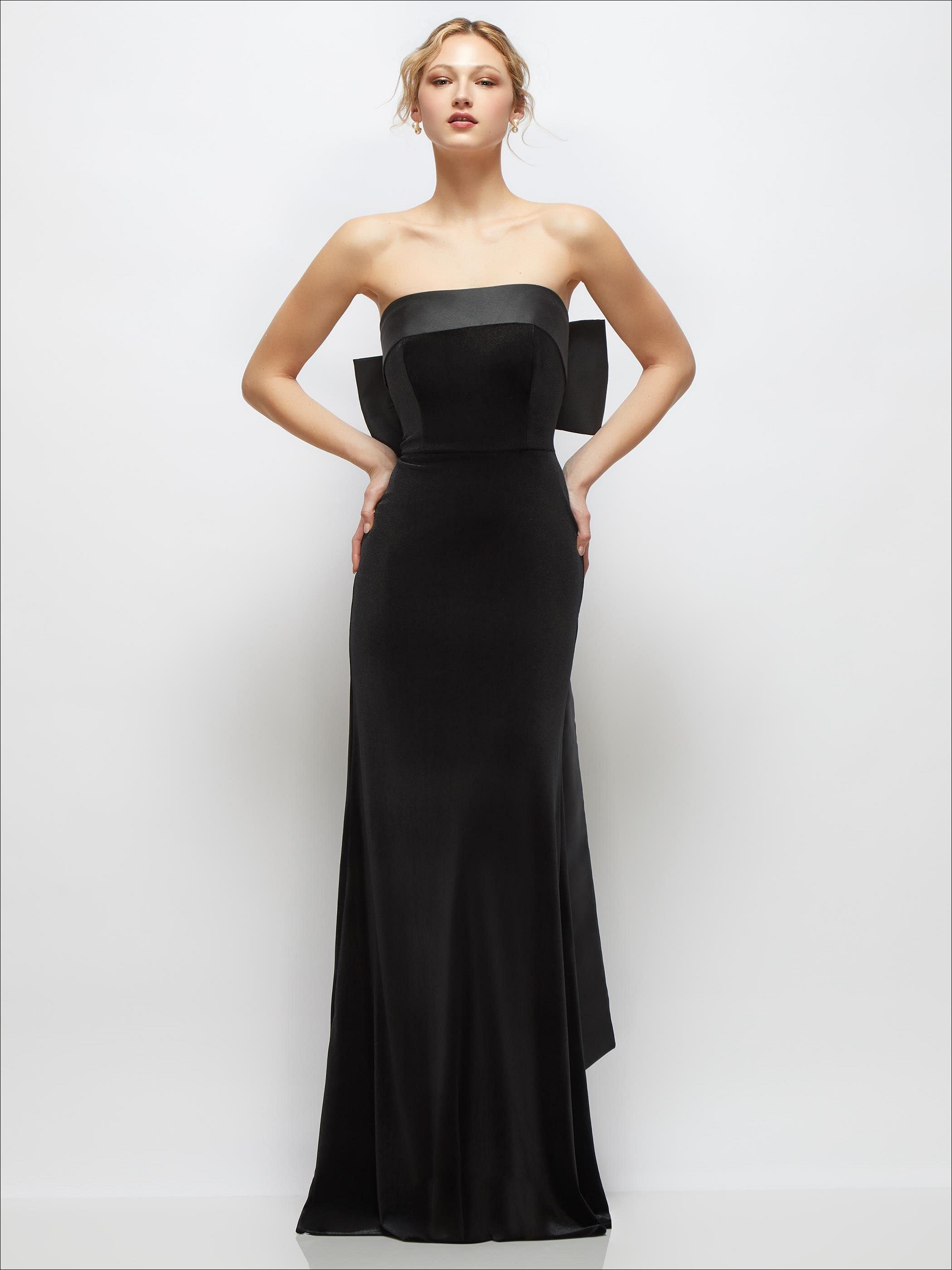 Black Velvet Maxi Dress with Strapless Satin Cuff & Long Bow at Back