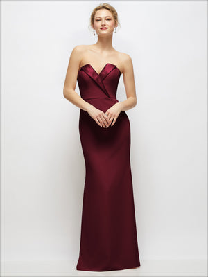 Cabernet strapless crepe tuxedo gown with satin lapels and button detail