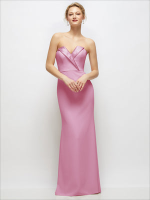 Powder pink strapless crepe tuxedo gown with satin lapels and button detail