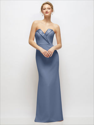 Powder blue strapless crepe tuxedo gown with satin lapels