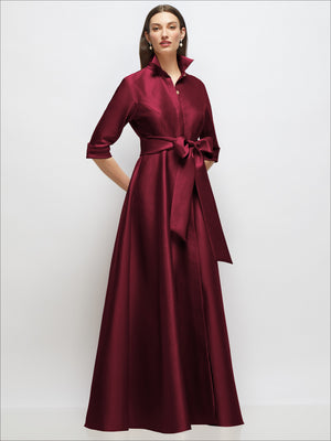 Burgundy satin shirt dress gown with 3/4 sleeves, sash bow, jeweled front buttons