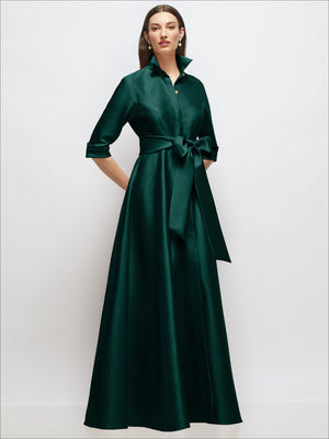Dark green satin shirt dress gown with 3/4 sleeves, waist sash tie, and jeweled buttons