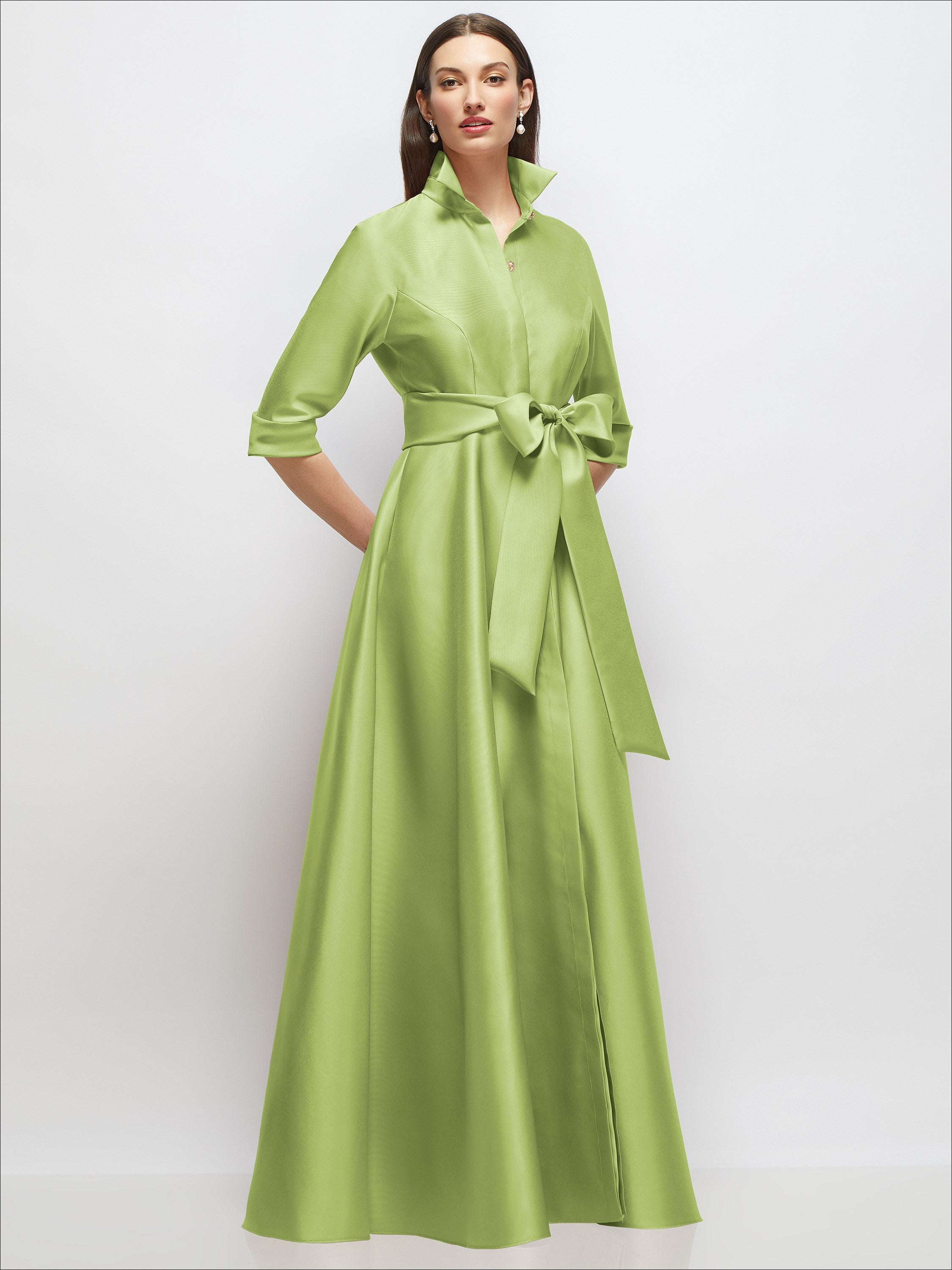 3/4 Sleeve Satin Shirt Dress Gown with Sash and Jeweled Buttons