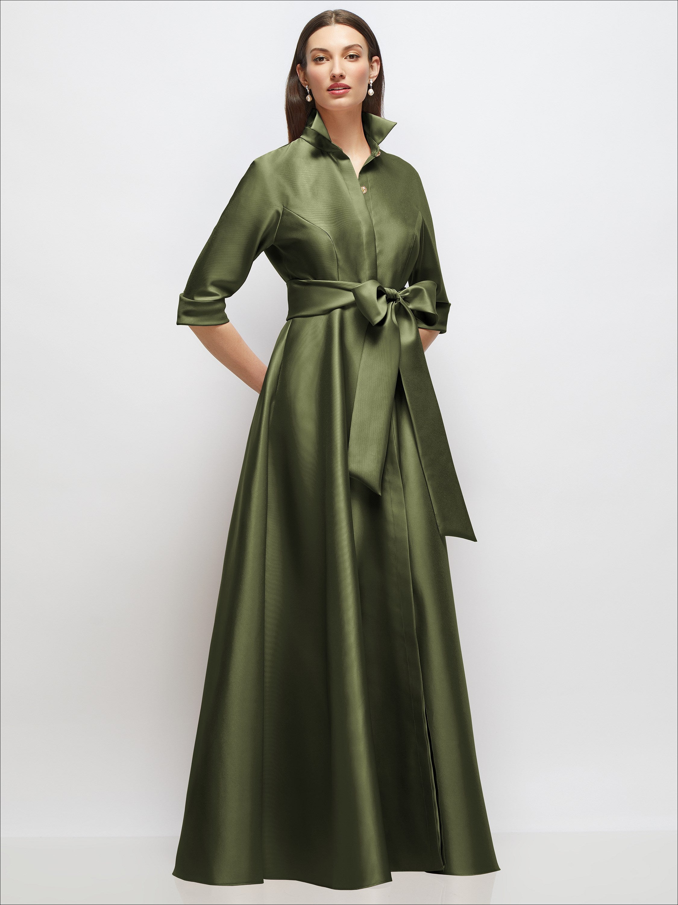 3/4 Sleeve Satin Shirt Dress Gown with Sash and Jeweled Buttons