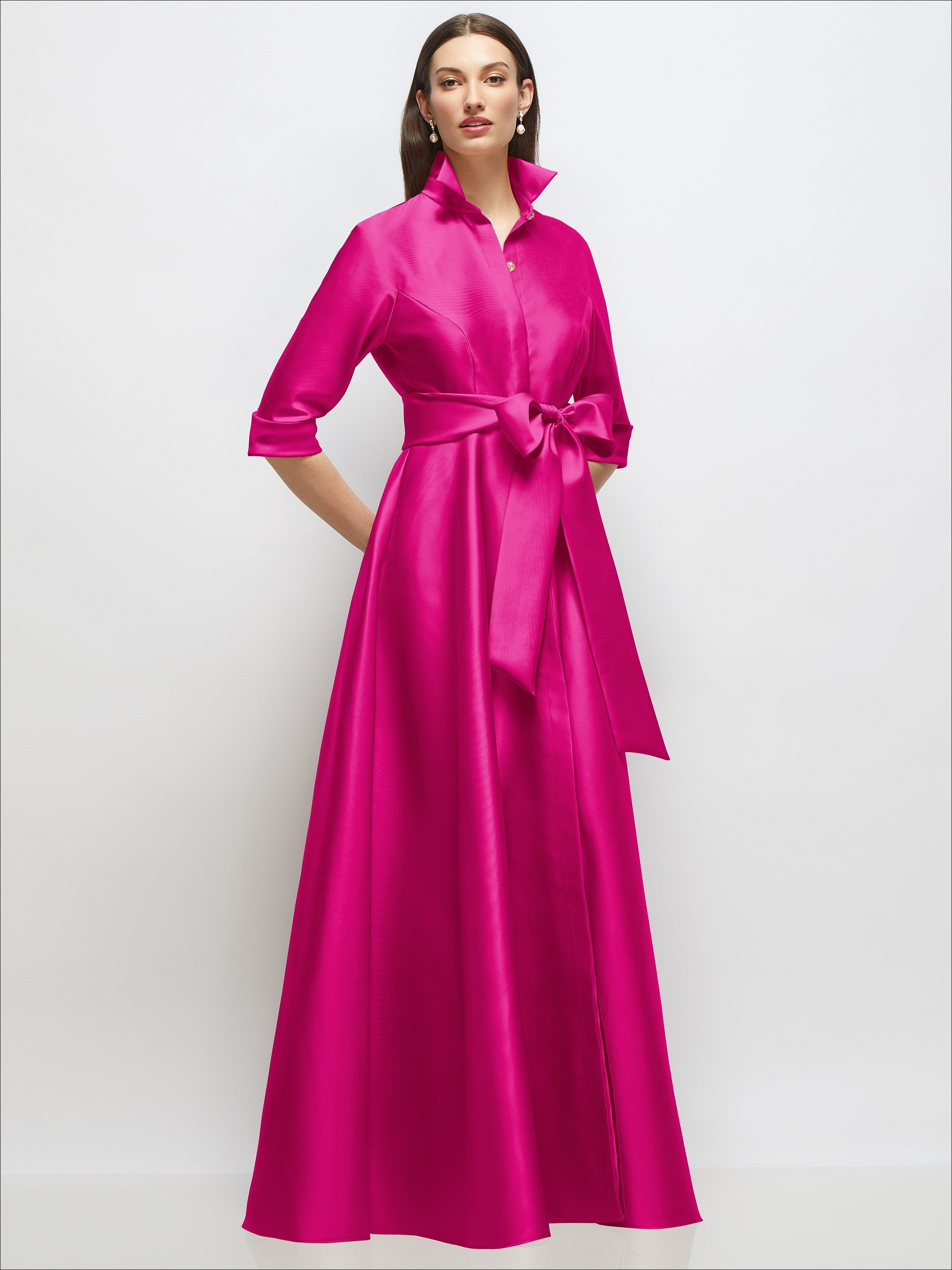 formal shirt dress gown 3/4 Sleeve Satin with Sash and Jeweled Buttons bridalparty:Groom