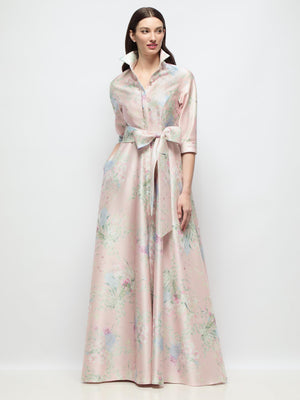 Floral satin shirt dress with sash, 3/4 sleeves and jeweled buttons