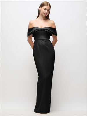 Black off-shoulder column maxi dress with gathered bow detail at neckline