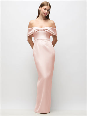 Blush off-shoulder crepe column maxi dress with bow-pinch detail, fitted waist to hem