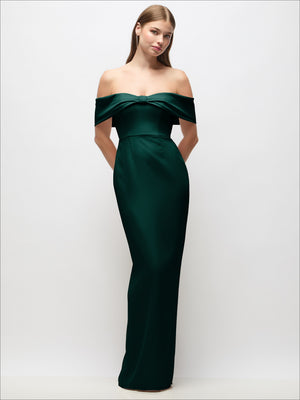 Off-the-shoulder crepe column maxi dress with bow-pinch detail, dark green