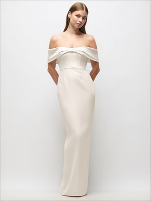 Ivory off-shoulder crepe column maxi dress with gathered neckline and front bow-pinch detail