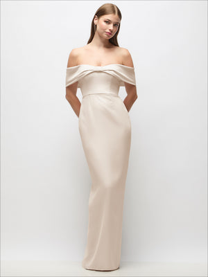 Ivory off-shoulder crepe column maxi dress with front bow-pinch detail and long skirt