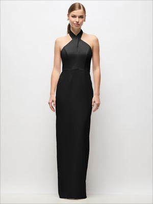 Black halter maxi column dress with high neckline