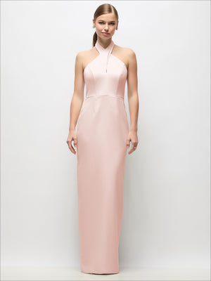 Blush pink halter open-back crepe column maxi dress with criss-cross back detail