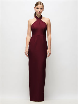 Burgundy halter open-back crepe column maxi dress with fitted waist and skirt