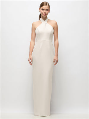 Ivory crepe column maxi dress with halter neckline