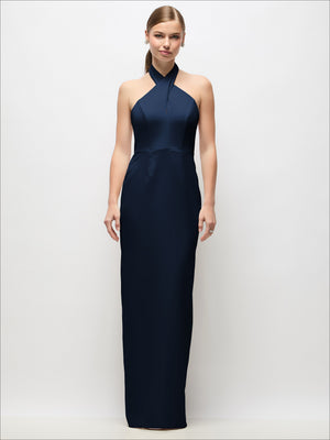Navy crepe column maxi dress with halter neckline
