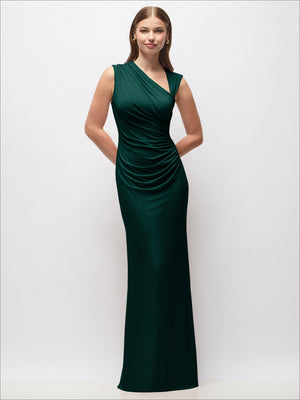 Asymmetrical cap-sleeve column maxi dress in deep green with draped ruching