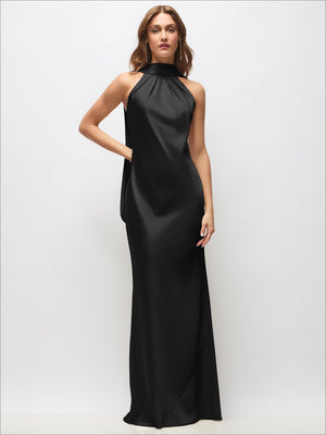 Black satin halter maxi dress with high neck and open-back draped detail