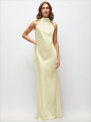 Draped Scarf Halter Open-Back Stretch Satin Bias Maxi Dress with Adjustable Straps