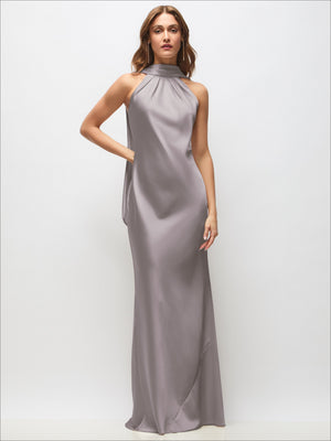 Silver gray draped satin halter maxi dress with open back and adjustable straps