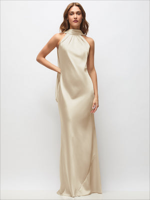Cream draped satin halter maxi dress with open back and adjustable straps